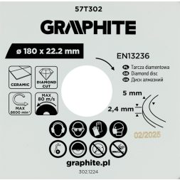 Graphite gyémánt vágókorong, 180 x 22,2 mm, nedves