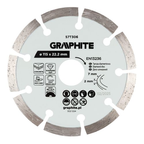   Graphite gyémánt vágókorong, szegmentált, 115 x 22,2 mm, száraz és nedves vágás
