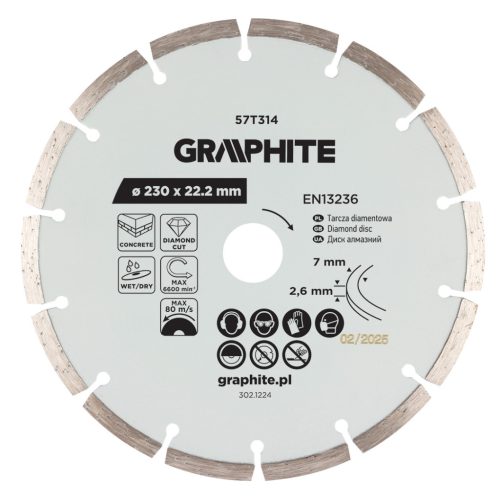   Graphite gyémánt vágókorong, szegmentált, 230 x 22,2 mm, száraz és nedves vágás
