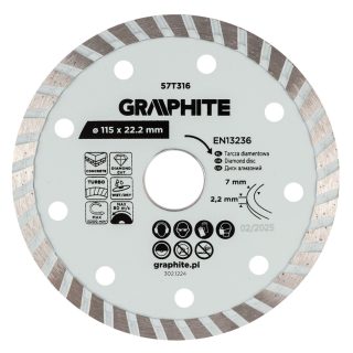   Graphite turbó gyémánt vágókorong, 115 x 22,22 mm, száraz és nedves vágásra
