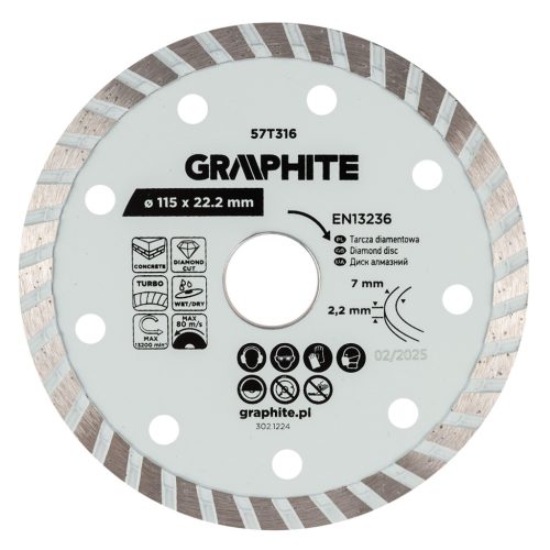   Graphite turbó gyémánt vágókorong, 115 x 22,22 mm, száraz és nedves vágásra
