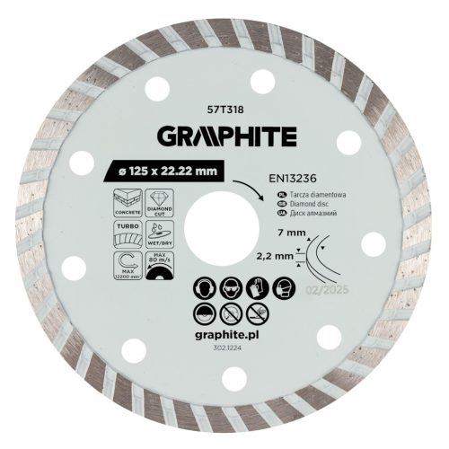   Graphite turbó gyémánt vágókorong, 125 x 22,22 mm, száraz és nedves vágás

