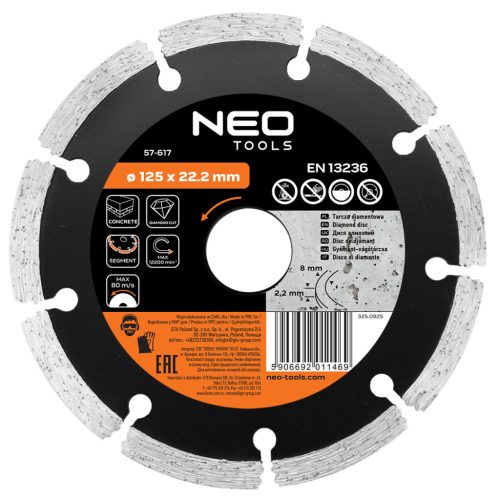 Neo gyémánt vágókorong 125x22,2x2,1 mm, szegmenses
