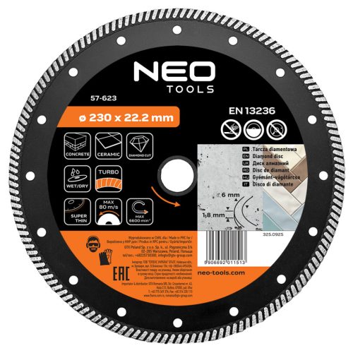 Neo gyémánt vágókorong 230x22,2x1,8 mm, turbo
