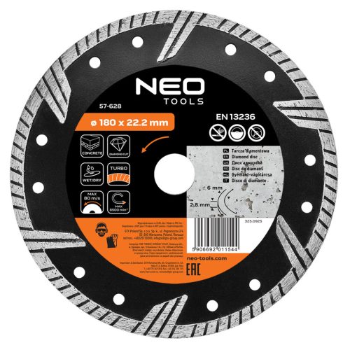 Neo gyémánt vágókorong 180x22,2x2,8 mm, turbo
