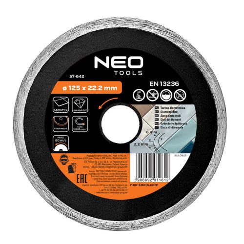 Neo gyémánt vágókorong 125x22,2x2,2 mm, vizes
