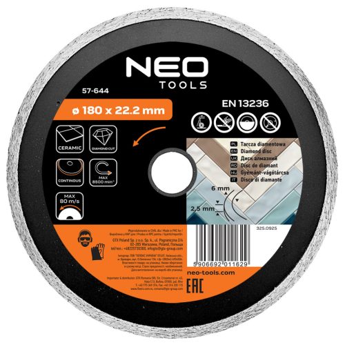 Neo gyémánt vágókorong 180x22,2x2,5 mm, vizes
