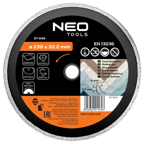 Neo gyémánt vágókorong 230x22,2x2,7 mm vizes
