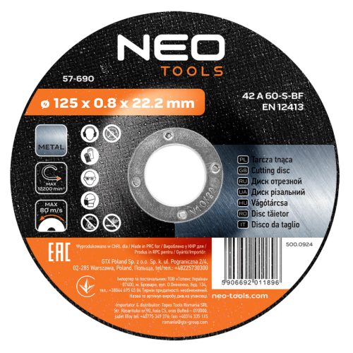 Neo vágókorong 125x0,8x22,2 mm, fémhez
