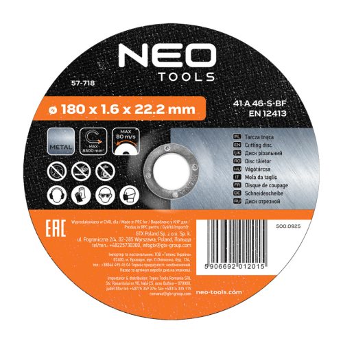 Neo vágókorong 180x1,6x22,2 mm, fémhez
