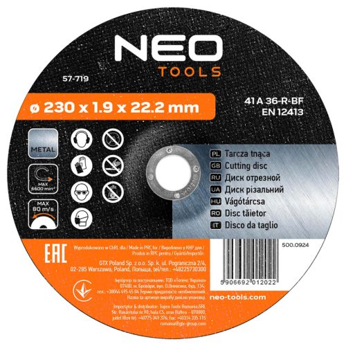 Neo vágókorong 230x1,9x22,2 mm, fémhez
