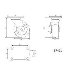 Vorel ipari kerék fékkel, forgó 40 mm 20 kg fekete
