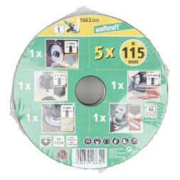 Wolfcraft sarokcsiszoló korong induló készlet, 5 db-os, 115mm, fém és kő darabolásához, csiszoláshoz