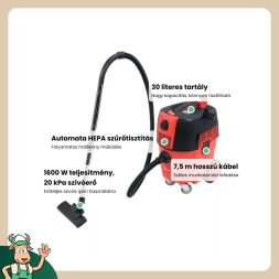 Yato ipari porszívó automata szűrőlerázós 30 liter HEPA szűrő 1600W